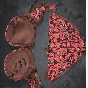 Women’s Bra and Panty Set – Brown & Red Abstract Pattern, Size 38/85, Stylish Li